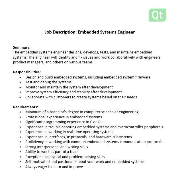 Job description embedded software engineers